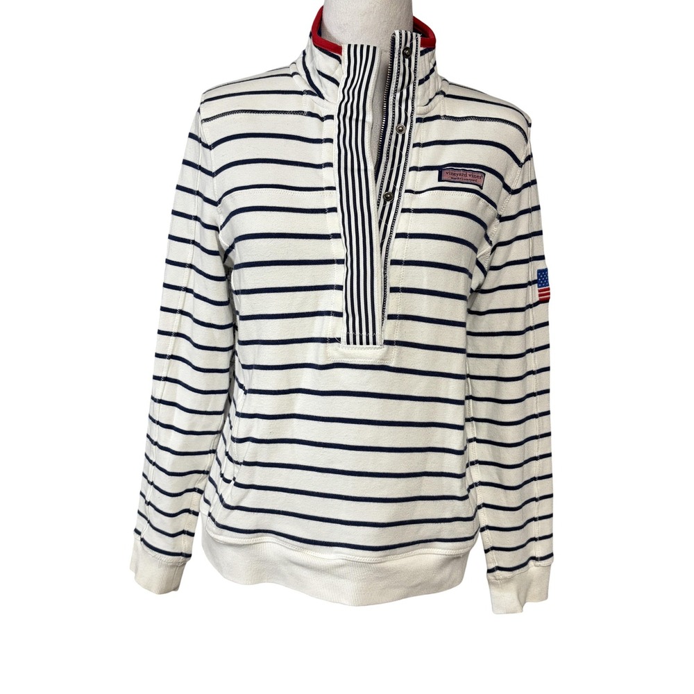 Vineyard Vines Shep Shirt Pullover Womens XS White Navy Striped 1/4 Zip USA Flag